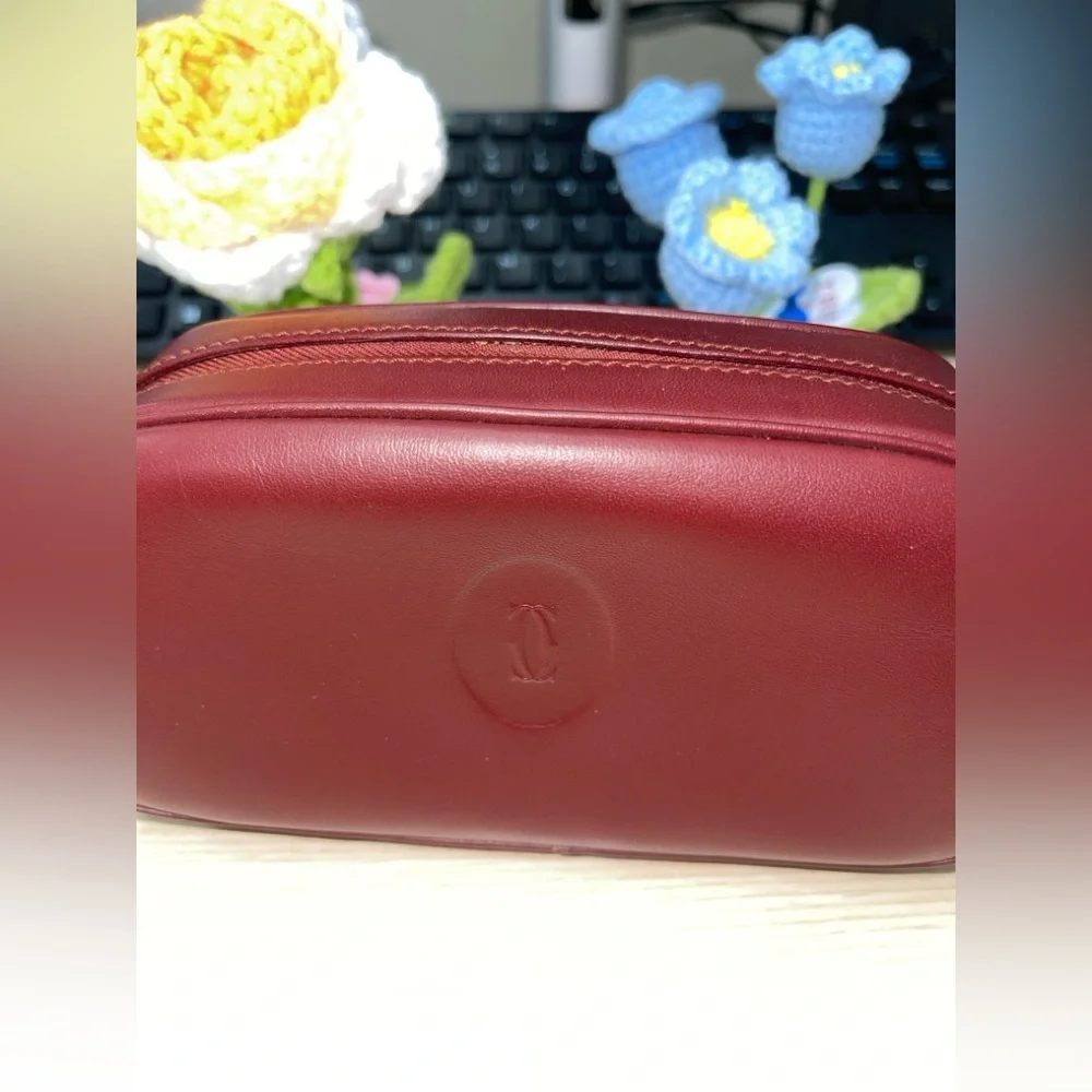 Cartier Deep Bordeaux Burgundy Leather Mini cosmetic/Toiletry Case- Pouche